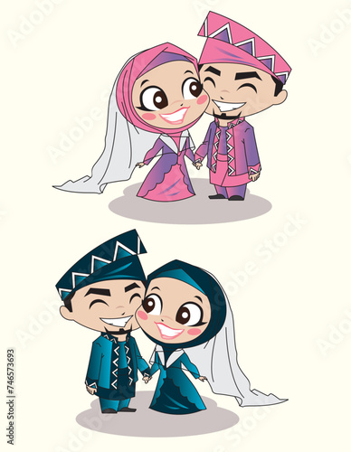 Muslim Bride and Groom wedding couple looking at each other Cartoon Character design vector Illustration.