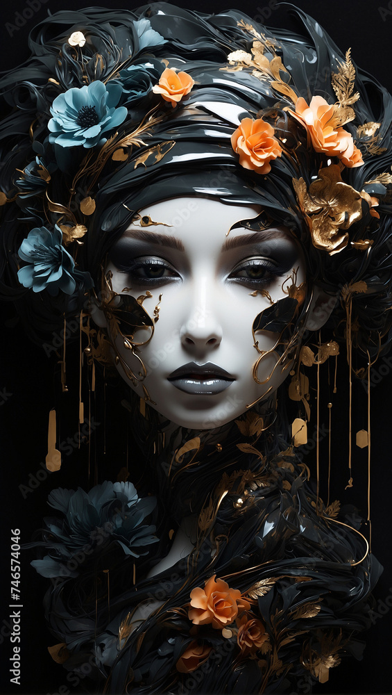portrait of a girl in a carnival mask with large golden flowers. Black background