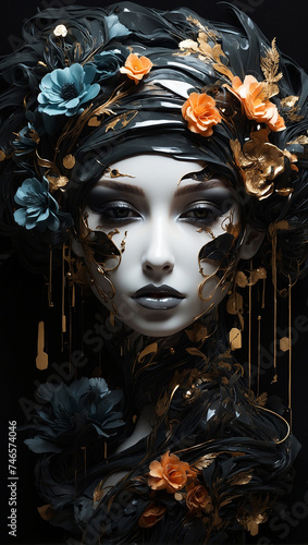 portrait of a girl in a carnival mask with large golden flowers. Black background