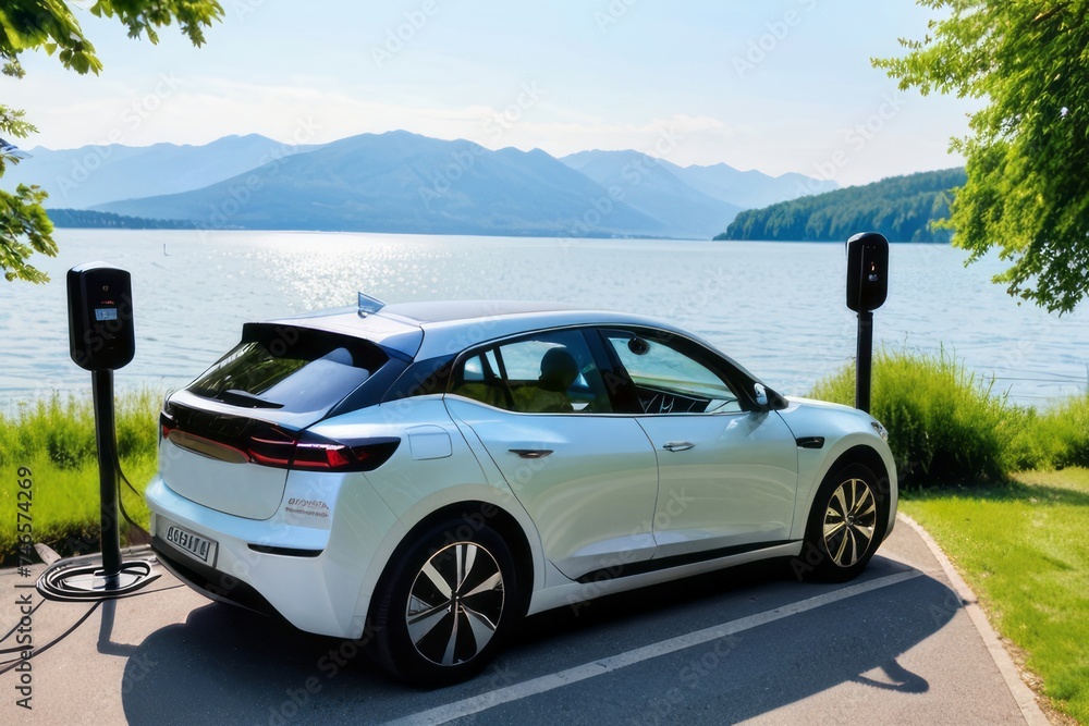 Electric car recharges its batteries with charging station in natural environment