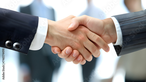 A business handshake. The expressions of the people confident and friendly. The body language of the people should be open and welcoming.