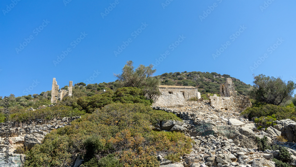 Ruins of Byzantine church and monastery on Camellia island in Aegean Sea, Turkey. Boat trips in Aegean Sea
