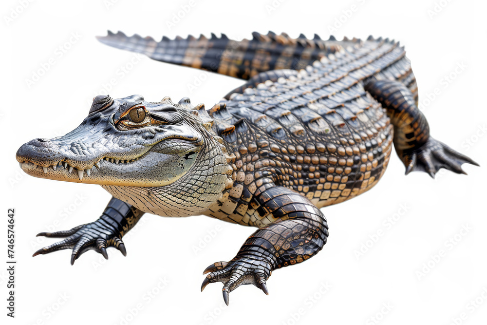 Fototapeta premium crocodile with textured skin, isolated on a white background, showcasing its predatory features.