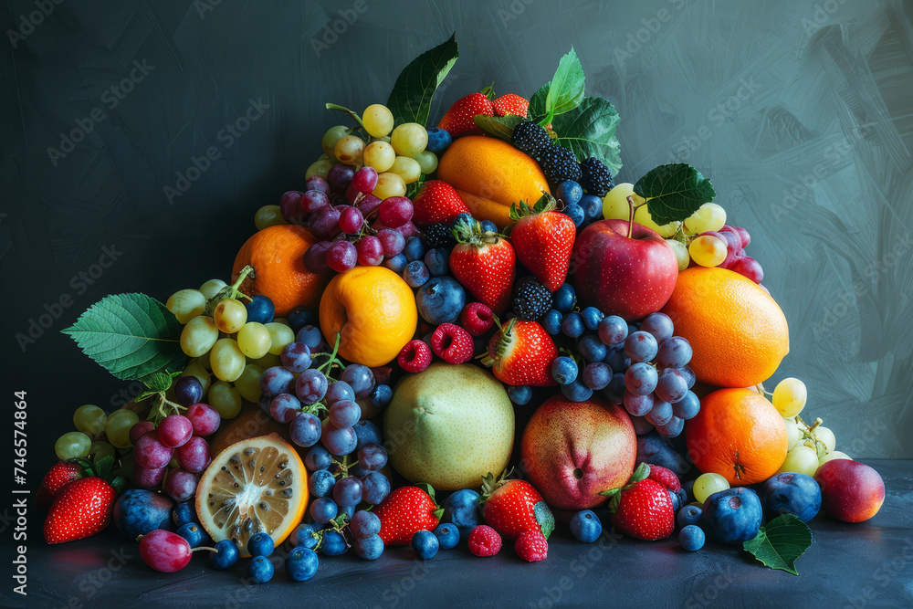 Vibrant and colorful arrangement of various fresh fruits with lush green leaves, set against a dark, elegant backdrop.. Vibrant and colorful arrangement of various fresh fruits with lush green leaves, set against a dark, elegant backdrop..