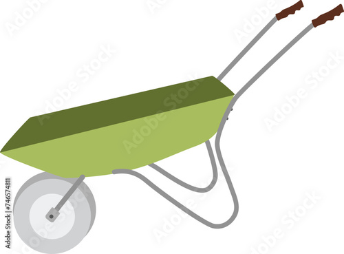 Green wheelbarrow for gardening isolated in white background