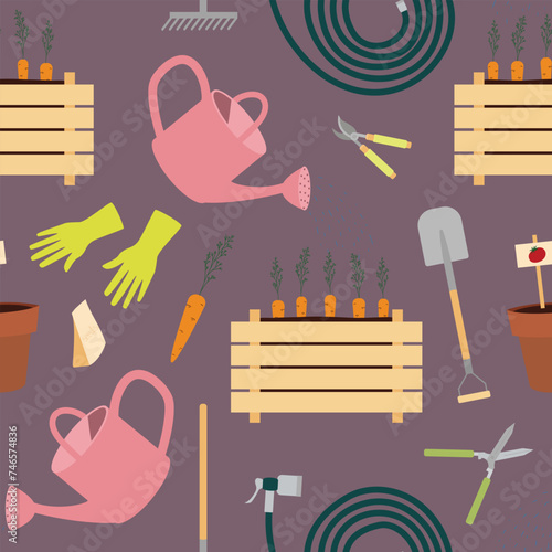 Seamless pattern with gardening equipment watering can, water hoses, seedling boxes, hedge shears, garden pruners, planting pots