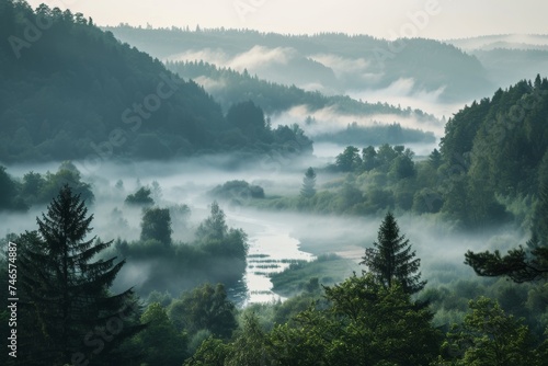 Generative AI image of Landscape of a forest valley with a river covered in fog in the morning