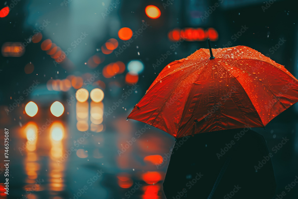 An umbrellas adds a Lonely Pop of the Color red Against the Stormy Skies in a city setting