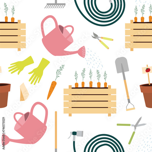 Seamless pattern with gardening equipment watering can, water hoses, seedling boxes, hedge shears, garden pruners, planting pots