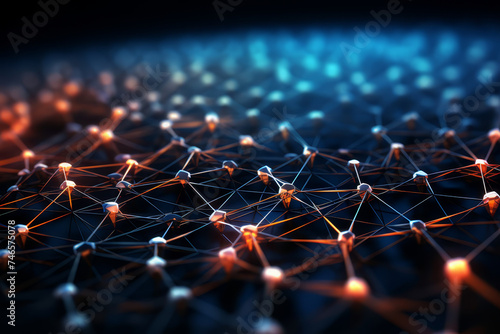 An abstract image depicting a network of interconnected nodes with blue and orange highlights, symbolizing connectivity and data communication..