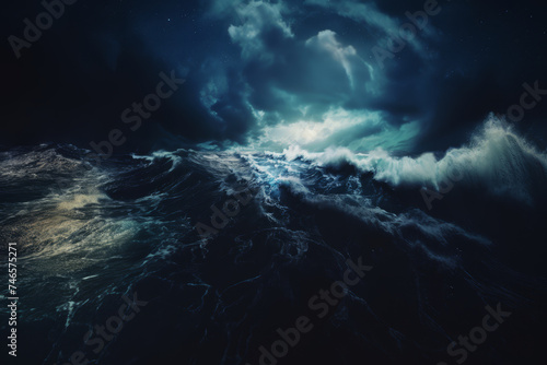 The untamed beauty of the sea captured with towering ocean waves reaching for a dark  stormy sky at the edge of twilight..