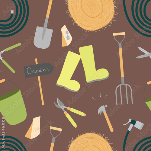 Seamless pattern with gardening pitchforks, shovels, hedge shears, garden pruners, rubber boots, water hoses