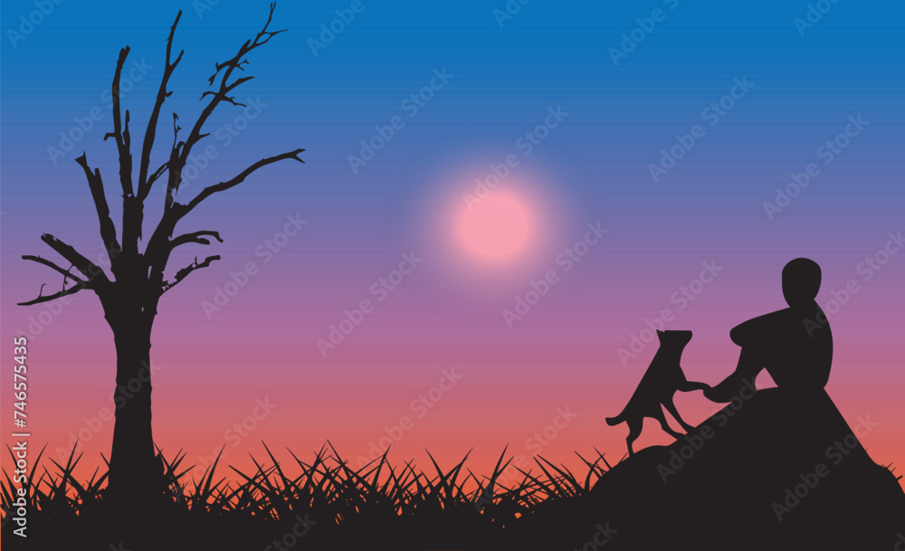 silhouette of a boy and dog