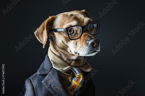 Dog in a colorful suit and wearing glasses. Pet is dressed up in humorous, stylish suit with a tie for intellectual look. Trendy dog clothing for Funny humor. 