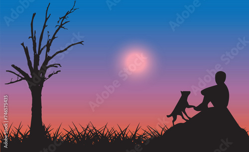 silhouette of a boy and dog