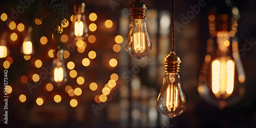 Hanging light bulbs on dark background. Cozy decoration indoor cafe or Christmas party vibe