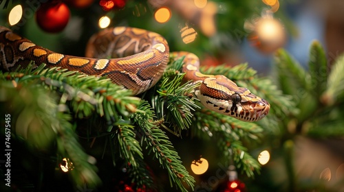 Christmas tree branch with snake like a garland, symbol of 2025 new year, calendar front page or horizontal greeting card template. photo