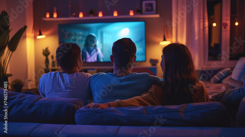 Young people watching movies on TV sitting on sofa in living room