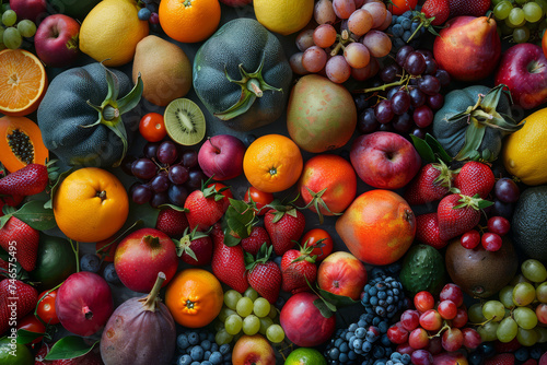 Vibrant and colorful arrangement of various fresh fruits with lush green leaves  set against a dark  elegant backdrop..