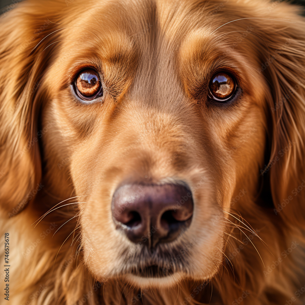 A captivating close-up of a golden retriever's face, focusing on its soulful brown eyes and expressive features..
