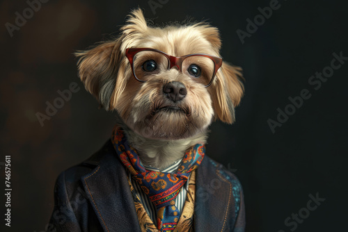 Dog in a colorful suit and wearing glasses. Pet is dressed up in humorous, stylish suit with a tie for intellectual look. Trendy dog clothing for Funny humor. 