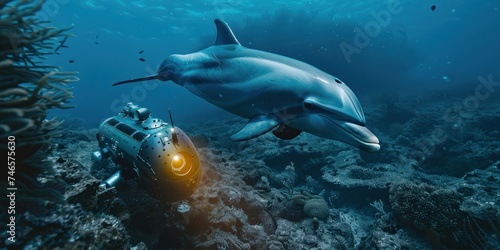 Tranquil depths of the ocean, a playful pod of dolphins swims gracefully alongside a sleek underwater robot, creating a mesmerizing tableau of nature and technology © Thares2020