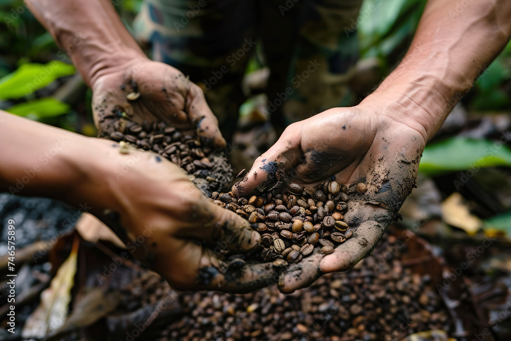 Reforestation in amazon, workers mixing tree seeds, seeds in workers hands, close up Reforestation in amazon, workers mixing tree seeds, seeds in workers hands, close up