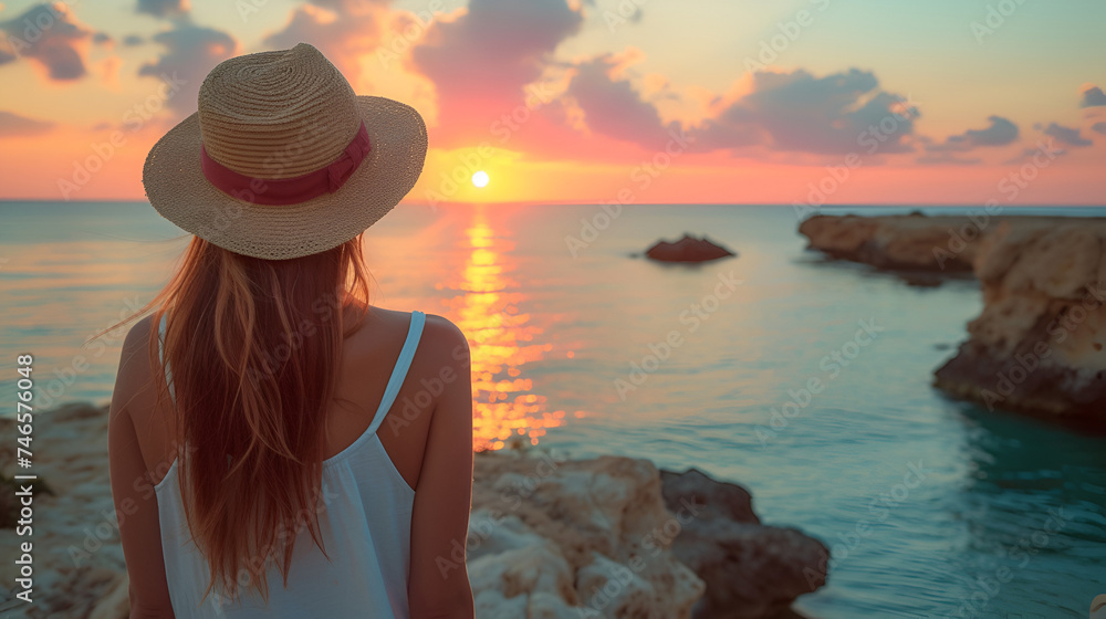stylish young traveler woman watching a beautiful sunset scene on the beach, generative Ai
