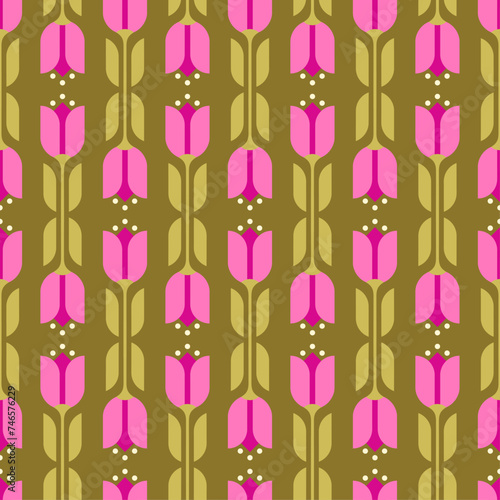 Retro cute geometric pink tulip seamless pattern background. © NTRdesign