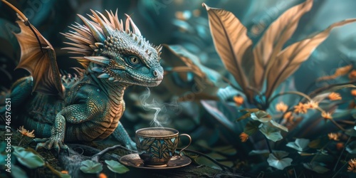 Depths of tropical jungle, a magnificent lizard resembling a mythical dragon rests upon a tree branch drink coffee, its emerald green scales glistening in sunlight