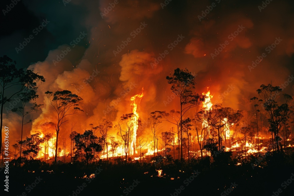Fire in the forest. The flames of the fire rise into the sky, the trees are burning. Natural disaster caused by drought