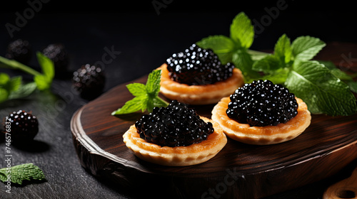 Close-up, tartlets with black caviar on a blurred background. The concept of luxury holiday snacks on a buffet table.