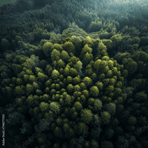 Generative AI image of Overlooking a dense forest from a bird's eye view, Glowing radioactivity, reflection photography, new objectivity, UHD, high resolution