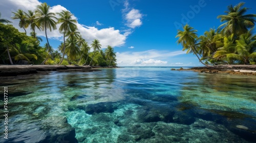 Tropical beach paradise with palm trees and serene lagoon for vacation or travel concepts