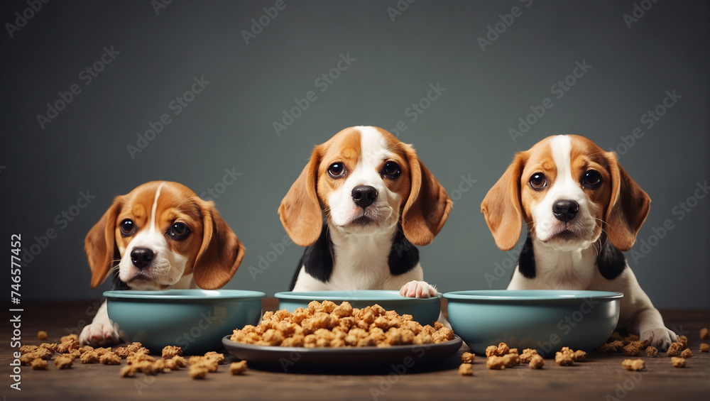 cute little beagle puppies near bowls of food