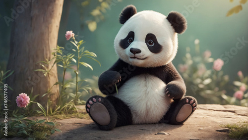 panda sits on the ground in the forest near flowers