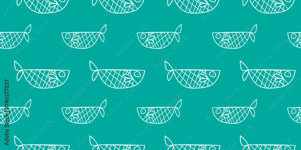 Seamless Pattern of Stylized White Fish on a Teal Background for Textile Design Seamless Pattern of Stylized White Fish on a Teal Background for Textile Design