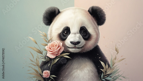 cute panda malish sitting on a blue and pink background with pink flowers