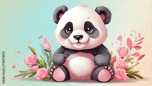 cute panda malish sitting on a blue background with pink flowers photo