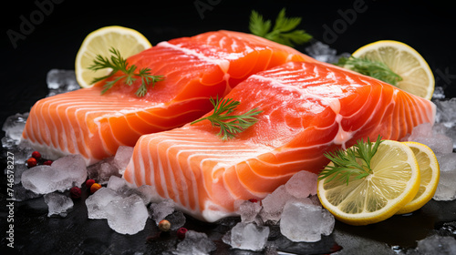 Fresh raw salmon steaks garnished with parsley sprig and lemon wedges on dark isolated background