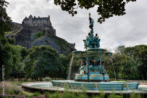 Ross Fountain and Edinburgh Castle from Princes Street Gardens in Edinburgh photo