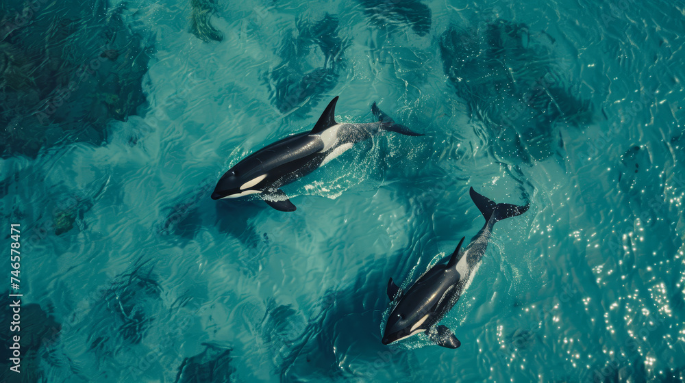 Fototapeta premium Overhead shot capturing killer whales (Orcas) swimming together in the deep blue sea, showcasing nature's majesty..