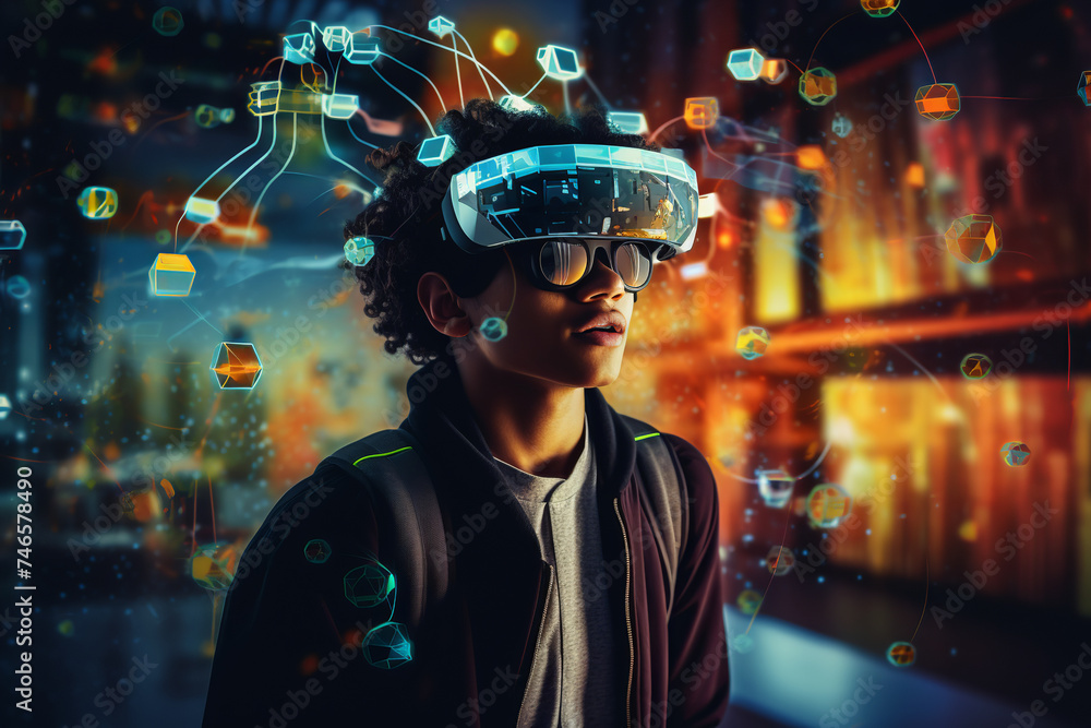 young man wearing a virtual realityr device in front of a city scene, retro-futuristic cyberpunk young man wearing a virtual realityr device in front of a city scene, retro-futuristic cyberpunk