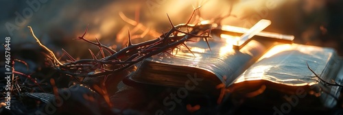 Holy Bible, Crown of thorns, wooden cross on backdrop of sunset. Christian Easter concept. Space for text. Close up. Place for text.