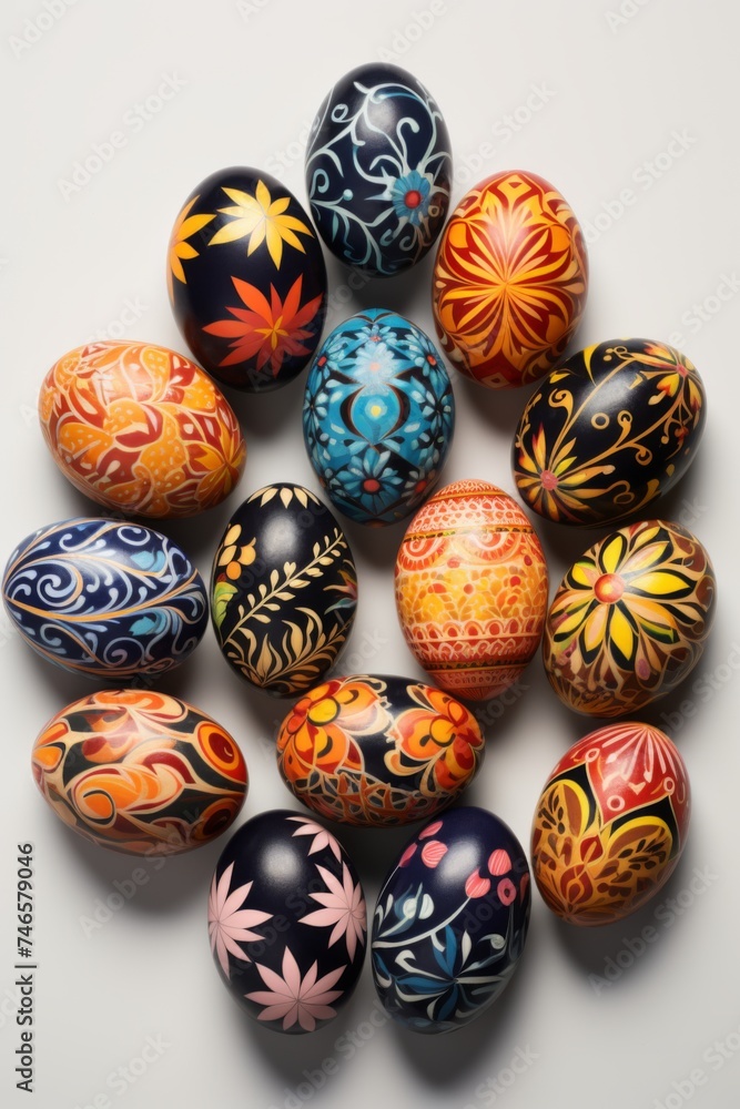 A shot of a collection of Easter eggs, each painted with a different design, arranged on a white surface. The focus should be on the variety of designs. 