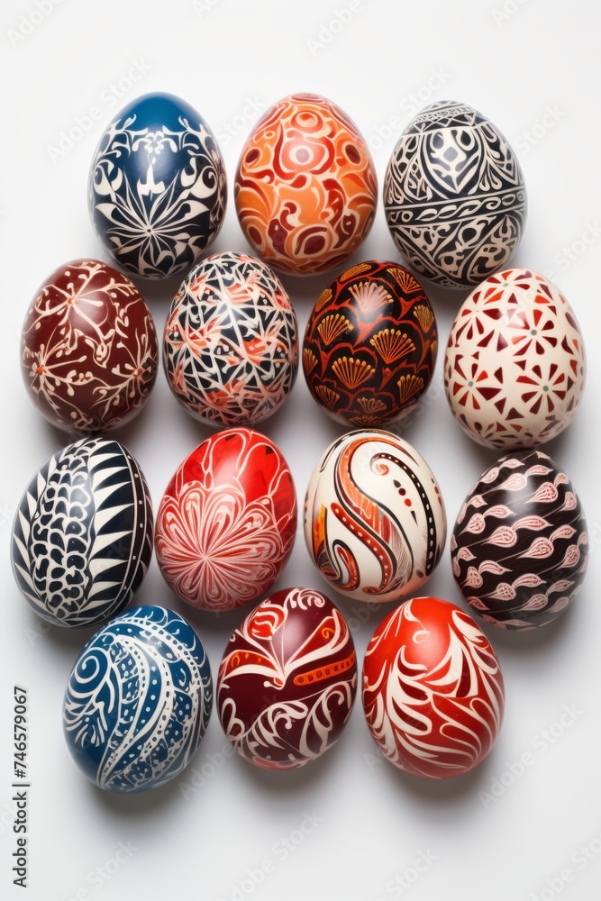 A shot of a collection of Easter eggs, each painted with a different design, arranged on a white surface. The focus should be on the variety of designs. A shot of a collection of Easter eggs, each painted with a different design, arranged on a white surface. The focus should be on the variety of designs.