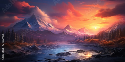 Mountain River Flowing at Sunset Generative AI