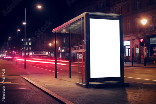 Blank advertisement billboard mockup at a bus stop with city road background