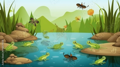 Frogs and dragonflies near the lake