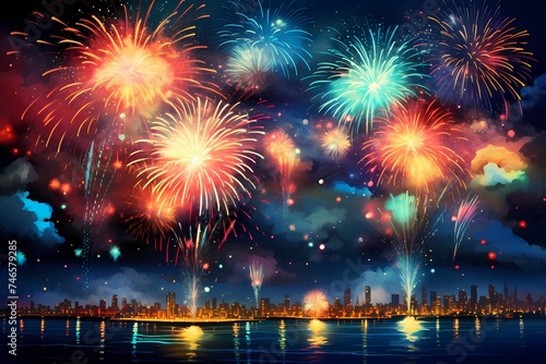 Bursting birthday fireworks painting the night with vibrant colors, photographed in high definition for a dazzling and realistic celebration